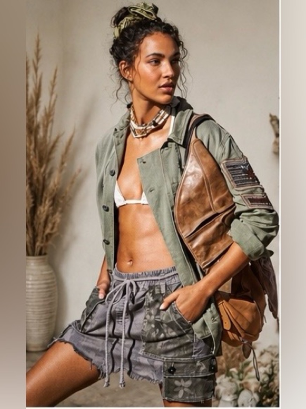 Free People Olive Utility Jacket Beaded Patch Raw Hem Size XS